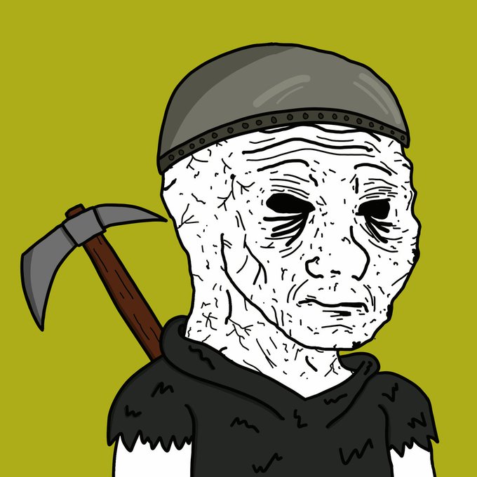 A cartoon drawing of a wrinkled, gaunt 'Wojak' figure wearing a metal helmet and tattered black clothing, with a pickaxe over his shoulder against a yellow-green background.