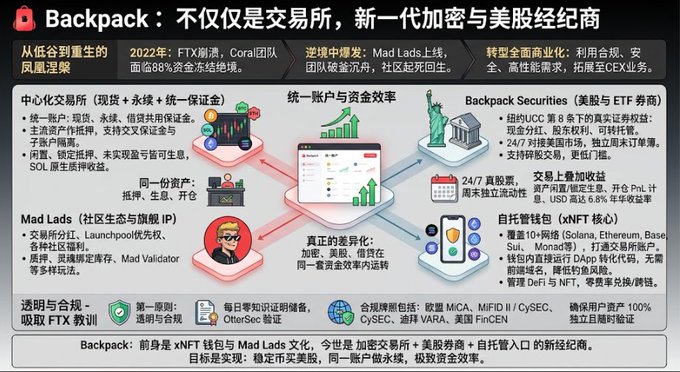 A detailed Chinese-language infographic titled "Backpack : 不仅仅是交易所，新一代加密与美股经纪商" (Backpack: Not Just an Exchange, A New Generation Crypto and US Stock Broker) explaining the platform's services including spot trading, perpetual contracts, US stock securities, and Backpack Securities features.