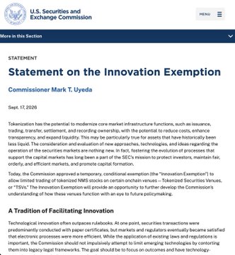 The image displays an SEC webpage featuring a "Statement on the Innovation Exemption" by Commissioner Mark T. Uyeda, dated September 17, 2026, which discusses a temporary, conditional exemption allowing limited trading of tokenized NMS stocks on certain onchain venues (Tokenized Securities Venues or "TSVs").