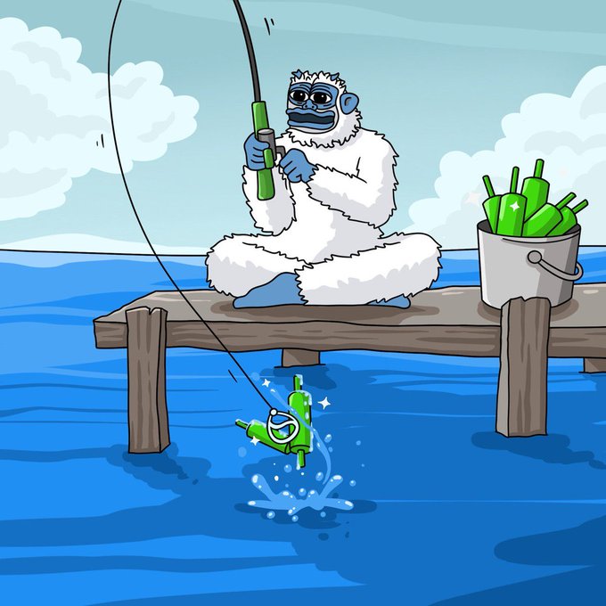A cartoon white-furred figure with blue hands and face paint fishes from a wooden dock using a green bottle as a rod, while another green bottle splashes into the water and more bottles sit in a bucket.