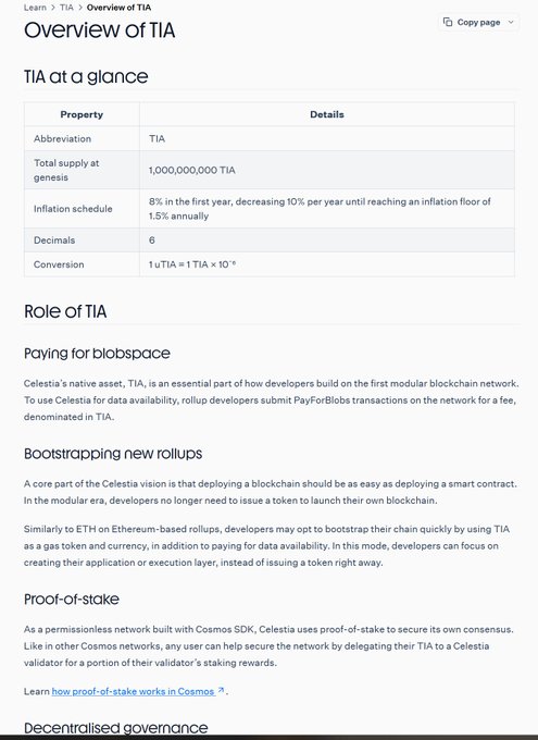 A documentation page titled 'Overview of TIA' detailing the Celestia blockchain's native asset, including its total supply of 1,000,000,000 TIA, inflation schedule, and proof-of-stake consensus.