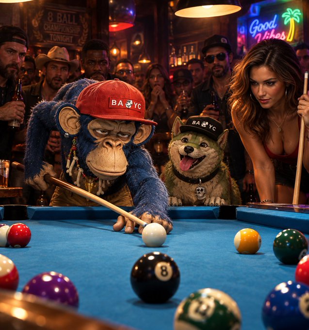 An AI-generated image depicting a surreal pool game featuring a blue monkey in a red 'BAYC' cap, a smiling doge in a matching cap, and a woman leaning over the table, with a crowd watching in a bar setting.