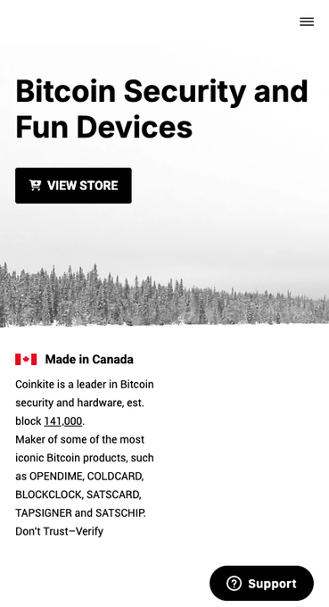 A mobile screenshot for Coinkite's store page titled 'Bitcoin Security and Fun Devices' featuring a 'VIEW STORE' button and text highlighting they are 'Made in Canada', established since block 141,000, and make products like OPENDIME, COLDCARD, BLOCKCLOCK, SATSCARD, TAPSIGNER and SATSCHIP.