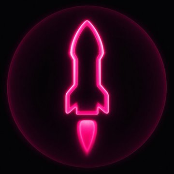 The image features a neon pink rocket ship with its nose pointed upwards, positioned against a black background. The rocket ship has a glowing tail at the bottom that appears to be emitting light from all directions. Below the rocket ship, there's a caption in white text that reads "The new like button is a hint that Dogecoin is blasting to the moon." This suggests that the rocket ship might be related to cryptocurrency or space exploration and could potentially be used as an advertisement for Dogecoin or a promotional message about space travel.