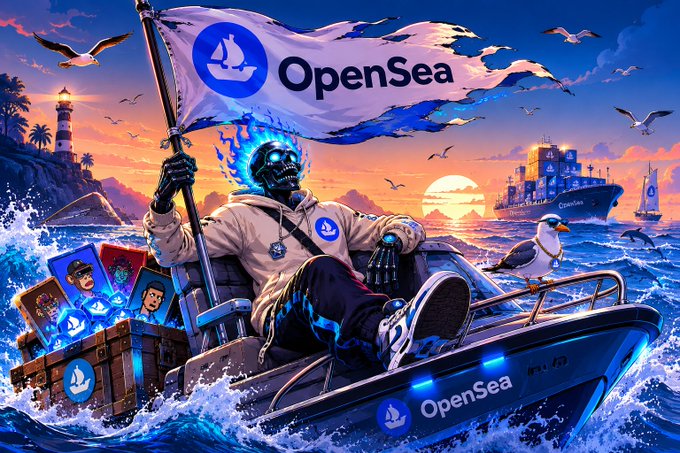 Artwork for OpenSea featuring a skeletal figure wearing a branded hoodie, holding an OpenSea flag while riding a boat through ocean waves at sunset.