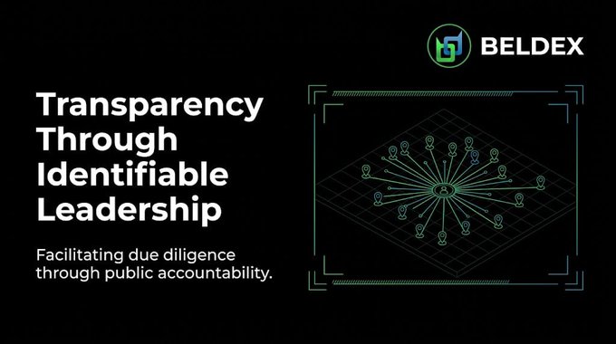 A BelDex promotional graphic with the text 'Transparency Through Identifiable Leadership' and 'Facilitating due diligence through public accountability,' alongside a network diagram connecting user icons to a central lock symbol.