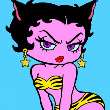 An animated cartoon character with purple skin, black hair with cat-like ears, gold hoop earrings with star charms, and a yellow-and-black striped outfit glares confidently against a bright blue background.