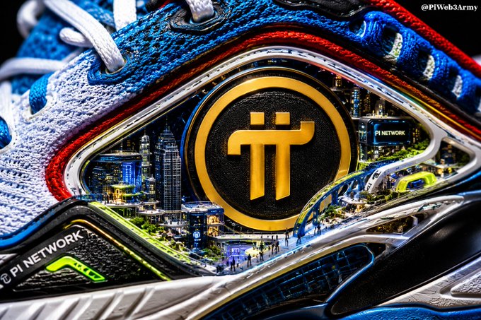 A creative graphic design featuring a sneaker with a cityscape inside its sole, centered around a golden Pi Network (π) logo.