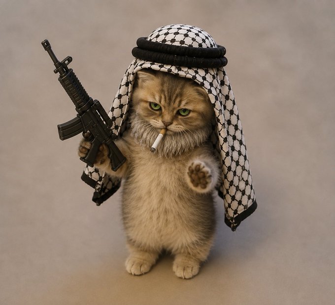 A fluffy cat standing on hind legs wearing a keffiyeh headdress, holding a black assault rifle in one paw and a cigarette in its mouth.