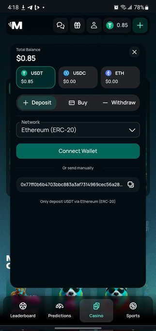 A mobile app interface shows a crypto wallet with a total balance of $0.85 (USDT), offering options to deposit, buy, or withdraw via Ethereum (ERC-20).