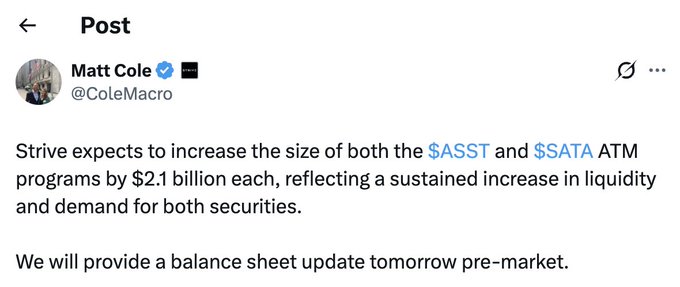The image shows a screenshot of an online post with a caption that reads "Strive expects to increase the size of both the SAAST and $SATAM". The post also mentions that this raise will be used for buying more Bitcoins as well as increasing the company's balance sheet by $21.9 Billion in liquid assets and demand for both shares of both companies."