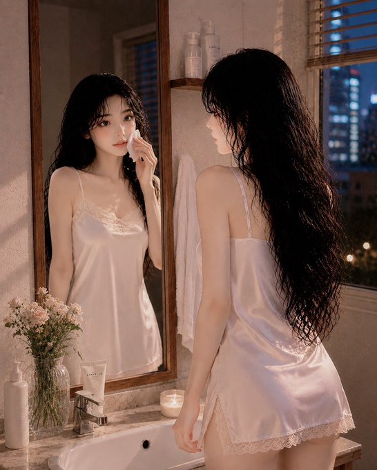 A young woman with long black hair wearing a white satin slip dress stands at a bathroom mirror wiping her face, with a lit candle and flowers on the counter.