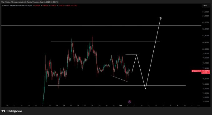 A TradingView chart of 'BTCUSD Perpetual Contract' showing price action with hand-drawn white trend lines and arrows indicating a potential price movement pattern.