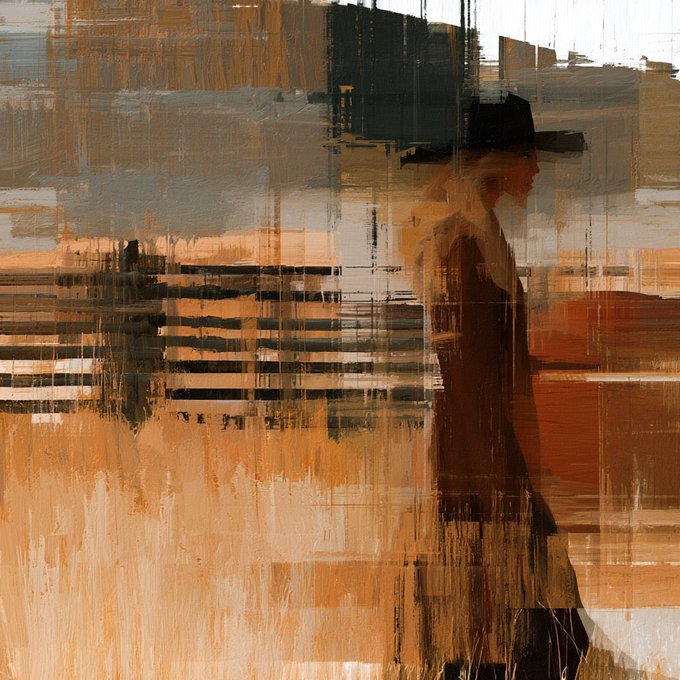 An abstract, impressionistic painting of a silhouetted figure walking, composed of layered orange, brown, and gray brushstrokes.