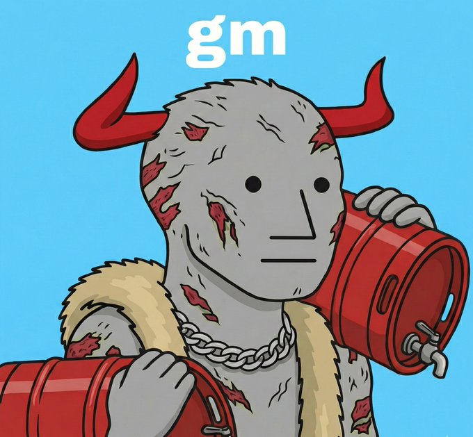 A cartoon-style gray bull with red horns, scars, a gold chain, and fur coat carries red barrels, with 'gm' written above its head.
