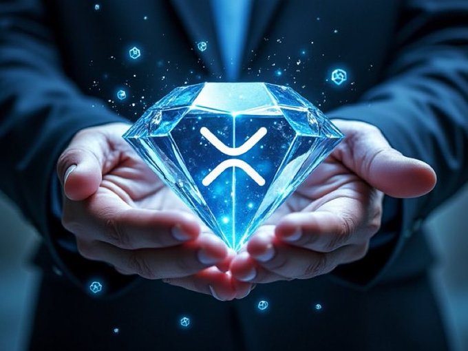 Hands hold a glowing diamond with the XRP logo, symbolizing the potential for wealth as suggested by the accompanying social media post. This imagery directly relates to the question of whether $XRP will make someone rich.