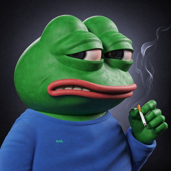 A 3D rendering of the Pepe the Frog character wearing a blue shirt and holding a lit cigarette, with a stern expression against a dark background.
