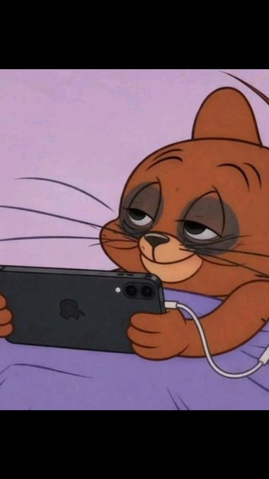 An animated orange cat lies on a purple surface, looking sleepy while holding an iPhone connected to a white charging cable.