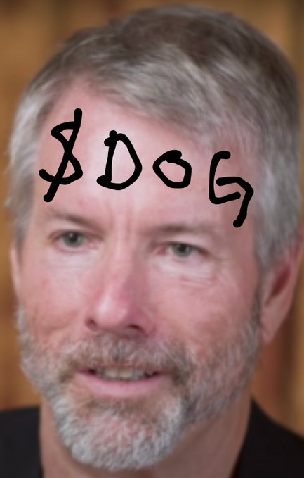 A man with gray hair and a beard smiles slightly, with "$DOG" written in black marker across his forehead. The image humorously illustrates the accompanying post suggesting that Michael Saylor has gotten a "$DOG" tattoo on his forehead, playing on cryptocurrency enthusiasm and the "to the moon" meme culture.