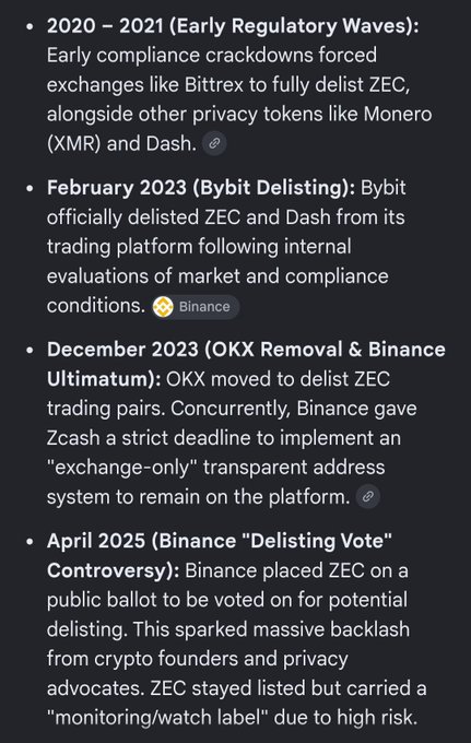 A timeline detailing ZEC's regulatory struggles and delistings from major exchanges, including Bittrex (2020-2021), Bybit (February 2023), OKX (December 2023), and Binance's "Delisting Vote" (April 2025).

The image supports the post's claim that ZEC overcame significant exchange delistings and compliance hurdles—including a Binance-imposed "exchange-only" transparent address system—before rallying 2,000% in two months, drawing a parallel to JASMY's potential for a similar repricing from a stronger starting position.