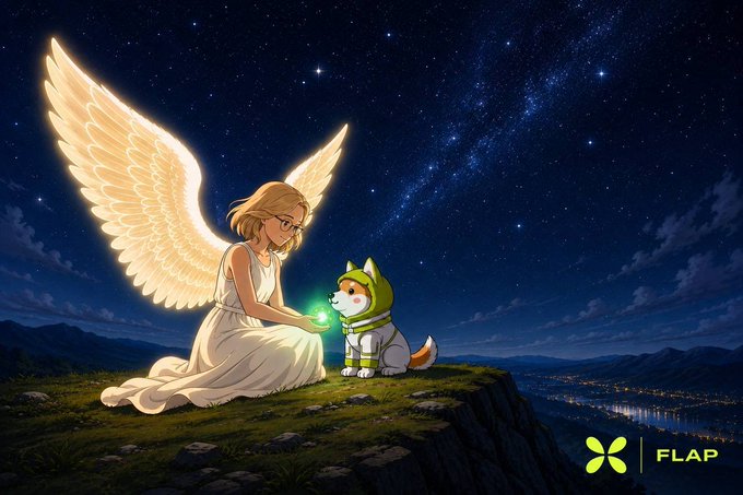 A blonde angel with glowing wings kneels on a cliff at night, offering a small green light to a Shiba Inu dog wearing a green hoodie, set against a starry sky. The "FLAP" logo appears in the bottom right, tying the image to the $2,100 donation announcement to the Liv_Stargrace Foundation, symbolizing hope and support for the charitable milestone.