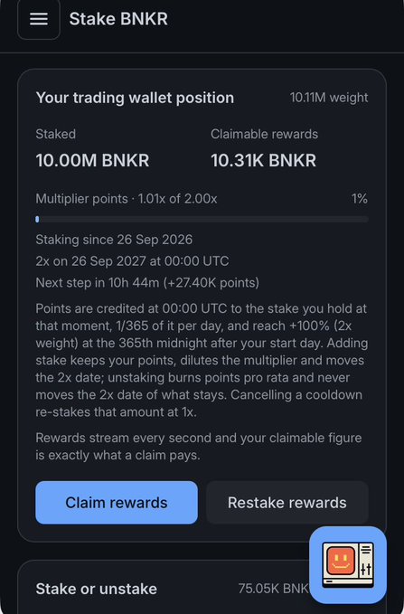 A mobile app screen titled 'Stake BNKR' displaying a trading wallet position with 10.00M BNKR staked, 10.31K claimable rewards, multiplier points at 1%, and buttons for claiming or restaking rewards.