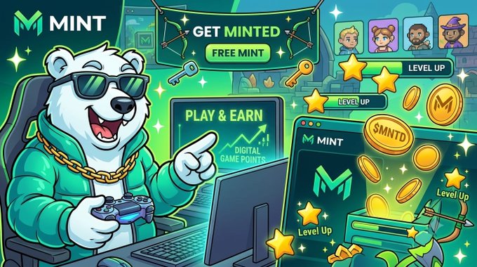 Cartoon polar bear mascot wearing sunglasses and a green hoodie playing video games, surrounded by 'MINT' branding, 'GET MINTED FREE MINT', 'PLAY & EARN', 'LEVEL UP' text, and a treasure chest overflowing with $MNTD gold coins.