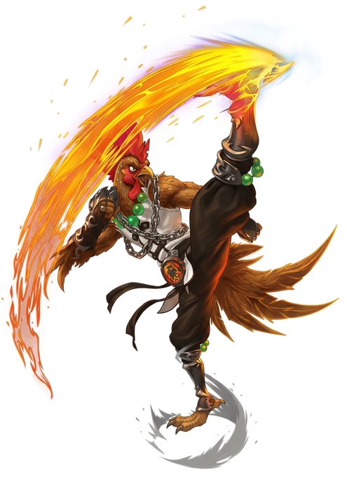 An illustration of an anthropomorphic rooster performing a high kick, wearing martial arts pants, a white tank top, chains, and green beads, with flames trailing from its foot.