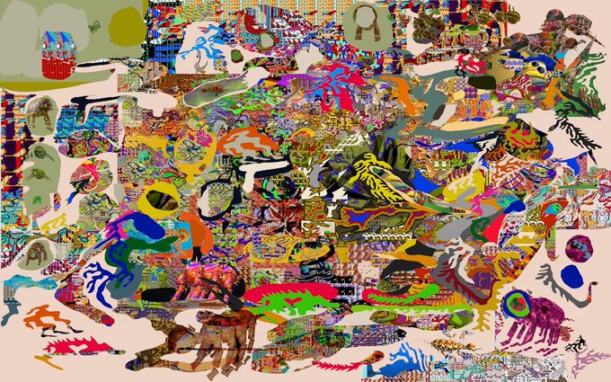 An abstract digital artwork featuring a chaotic, colorful collage of shapes, patterns, and figures in vibrant multicolored hues.