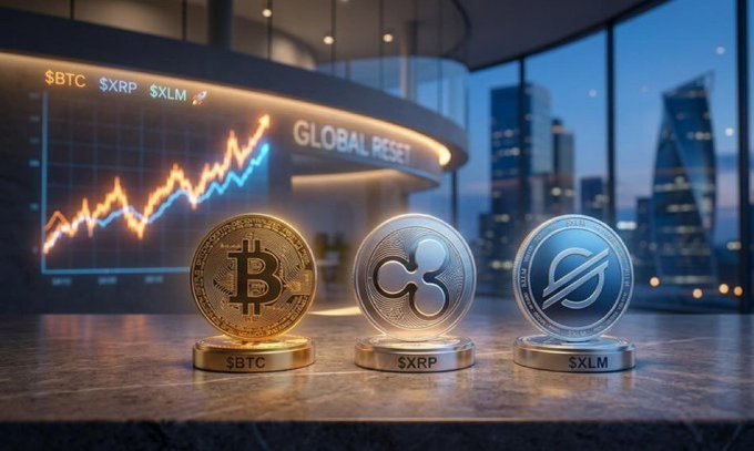 Three physical coins representing $BTC, $XRP, and $XLM stand in front of a glowing chart displaying "GLOBAL RESET" alongside a rising market trend, symbolizing the resurgence and key roles of Bitcoin, XRP, and Stellar in the evolving crypto landscape.