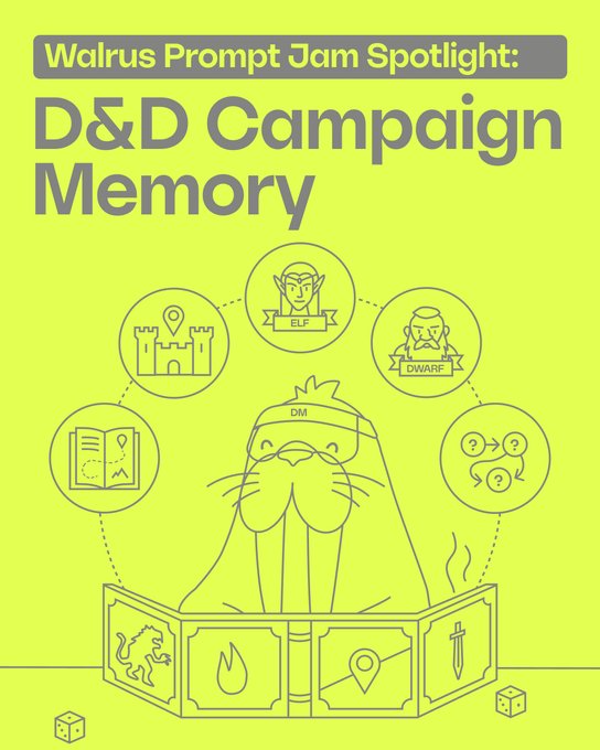 A neon promotional graphic titled “Walrus Prompt Jam Spotlight: D&D Campaign Memory” shows a dungeon master behind a screen surrounded by icons for maps, characters, and branching choices. It highlights the GitHub project by @0xanjalii, designed to organize the many NPCs, quests, locations, and decisions that accumulate during long tabletop campaigns.