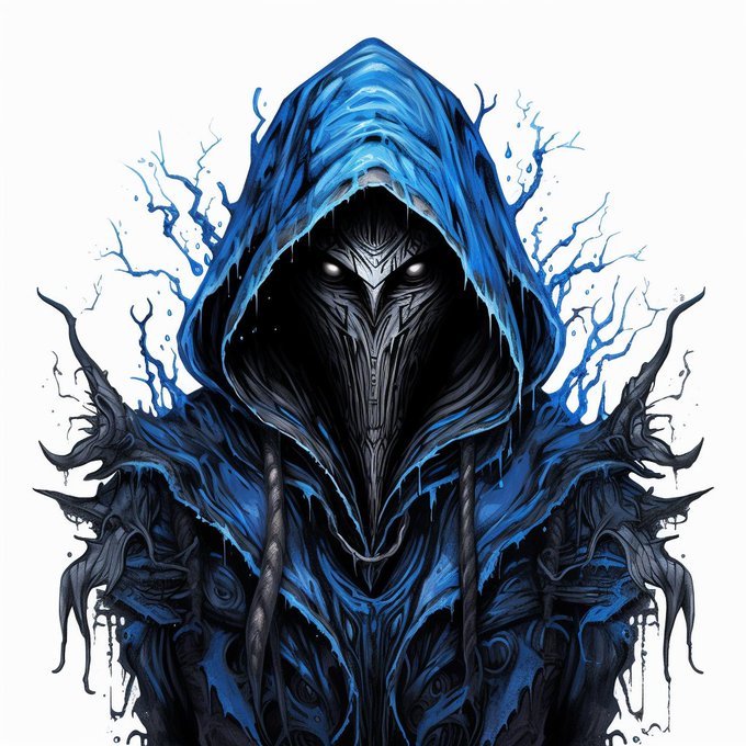 A digital illustration of a hooded figure in dark armor and a blue cloak with a mask featuring glowing white eyes, surrounded by blue lightning-like tendrils against a white background.
