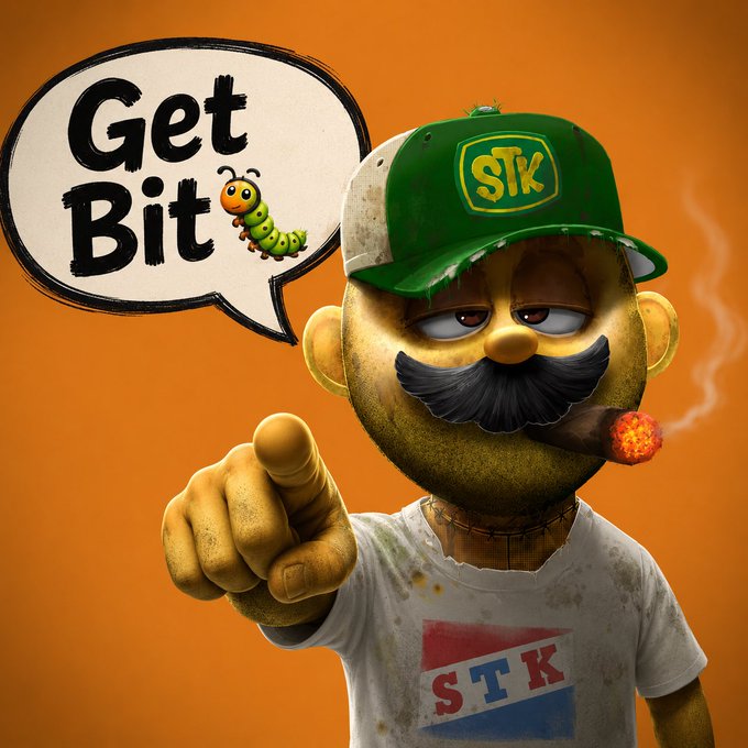 A 3D-rendered cartoon character with a large mustache, wearing a green 'STK' cap and a white 'STK' shirt, smoking a cigar and pointing at the viewer, with a speech bubble reading 'Get Bit' featuring a caterpillar.