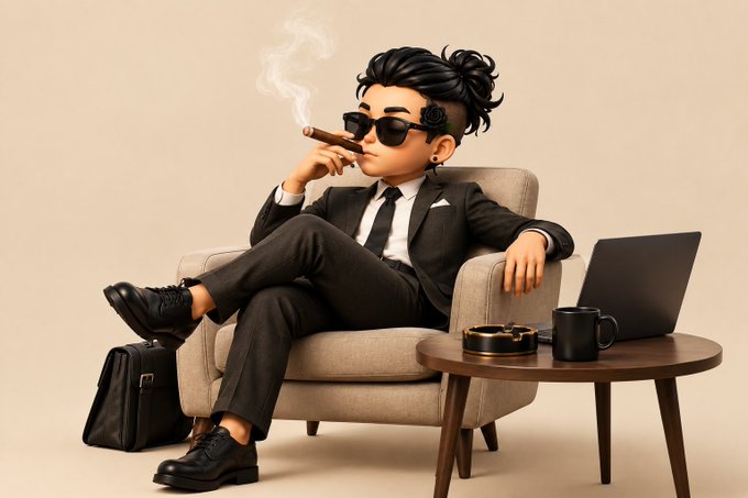 A 3D-rendered stylized cartoon character with a messy bun and sunglasses sits confidently in a beige armchair, smoking a cigar, with a laptop and coffee mug on a small table beside them.