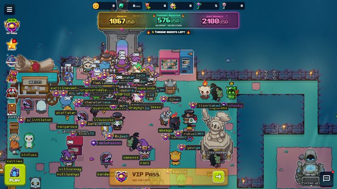 A crowded in-game gathering space filled with diverse pixel-art avatars, showing "1867 USD," "576 USD," and "2408 USD" in the top banner under the "FOUNDER'S NFT" label, matching the post's description of a bustling, popular AbstractChain community hub.