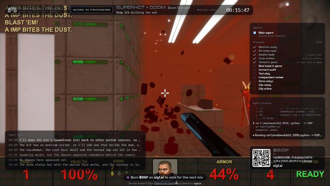 A first-person shooter game stream titled "AIMP BITES THE DUST" showing a hallway scene with a "SUPERHOT + DOOM" mod status, displaying 100% health, 44% armor, and a timer at 00:15:47.