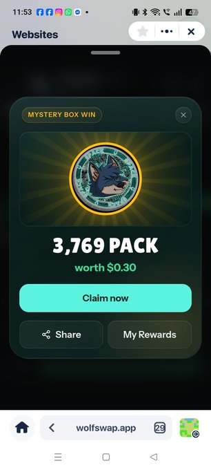 The image is a mobile screenshot of a 'MYSTERY BOX WIN' notification showing '3,769 PACK worth $0.30' with a wolf logo, accessed via the 'wolfswap.app' website.