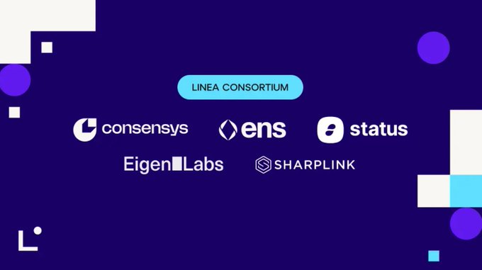 A promotional graphic with a dark blue background and decorative geometric shapes displaying the 'LINEA CONSORTIUM' header above member logos: ConsenSys, ENS, Status, EigenLabs, and Sharplink.