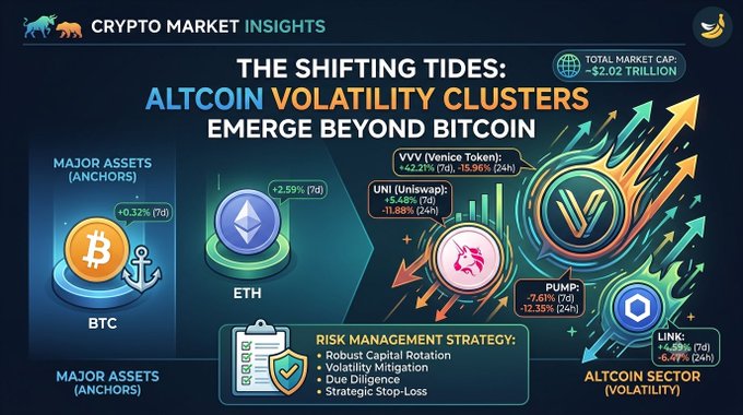 Crypto market insights infographic titled 'THE SHIFTING TIDES: ALTCOIN VOLATILITY CLUSTERS EMERGE BEYOND BITCOIN,' showing a total market cap of -$2.02 trillion, with BTC up +0.32%, ETH up +2.59%, VVV up +42.21%, UNI up +5.68%, PUMP down -7.61%, and LINK up +4.59%.