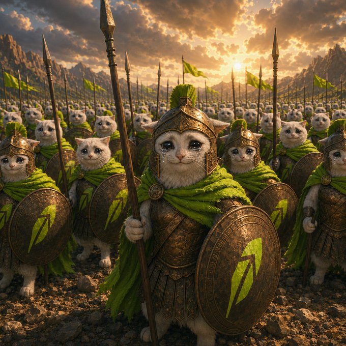 A whimsical army of cats stands ready for battle, led by a white cat in golden armor and a flowing green cloak, holding a tall spear and a shield emblazoned with the "$CASHCAT" logo as the sun sets over a mountainous horizon. The image perfectly matches the post's triumphant declaration of the $CASHCAT army's impending victory.