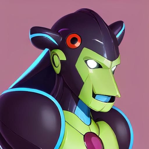 The image features a robot with a green face, black hair, and purple arms. The robot has a unique design that resembles Notus Pokemon character Deoxys. The robot's head is tilted slightly to the left side as if posing for a photo or video. The background of the image is pink, which contrasts with the robot's color scheme. There are no texts present in the image, and it does not contain any other objects besides the robot itself.