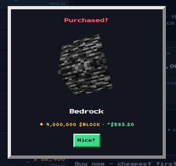 A "Purchased!" confirmation screen from BlockFall displays a Bedrock item sold for 4,000,000 $BLOCK (~$583.20), illustrating the game's largest marketplace sale. The dark-themed interface features the iconic pixelated bedrock block centered above the price details and a "Nice!" confirmation button.