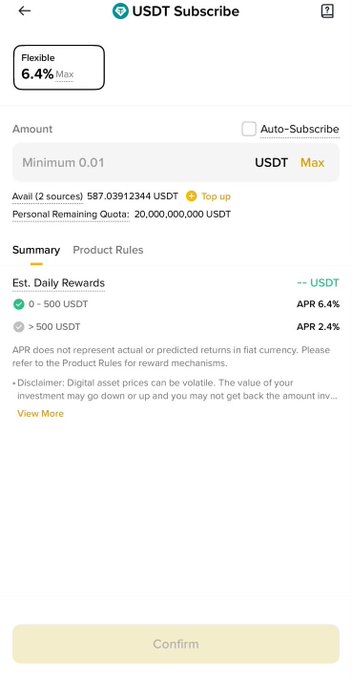 The image shows a Binance "USDT Subscribe" screen for a Flexible savings product offering a maximum 6.4% APR, displaying a minimum subscription of 0.01 USDT against an available balance of 587.039 USDT and a personal quota of 20,000,000 USDT. It directly supports the post's discussion by visually presenting the subscription terms and reward structure (4.6% APR for 0–500 USDT and 2.4% for amounts above 500 USDT) that the user was investigating to understand how rewards are distributed in Binance Simple Earn Flexible.