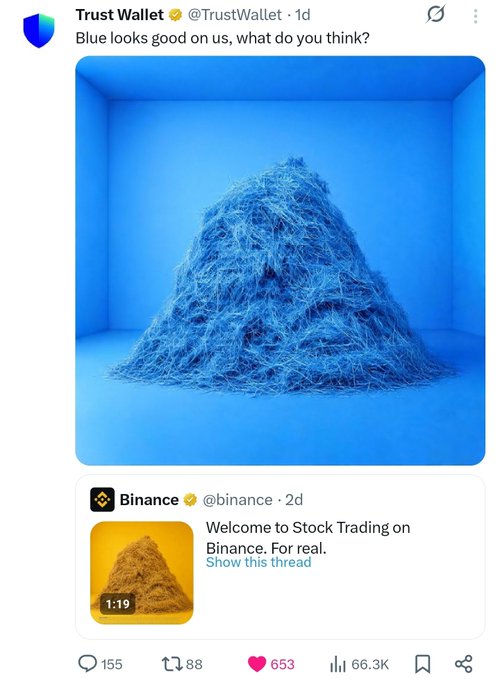 The image features a large pile of blue hay, which appears to be a representation of Bitcoin. The image also includes a caption that reads "Welcome to Stock Trading on Binance. For real trading on Binance. For real trading on Binance. For real trading on Binance." This post is related to the Twitter account @TrustWallet and is tagged with the hashtag #crypto, which indicates that it might be discussing cryptocurrency or Bitcoin in particular.