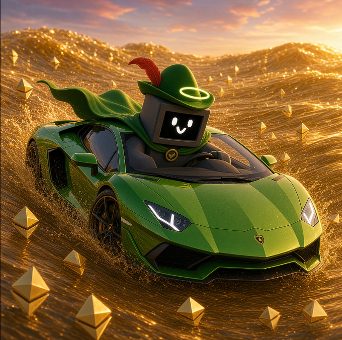 A green Lamborghini driven by a cheerful robot wearing a Robin Hood-style hat with a feather races across a desert of golden pyramids, symbolizing the treasure and rewarding spirit of the friendship celebrated in the post.