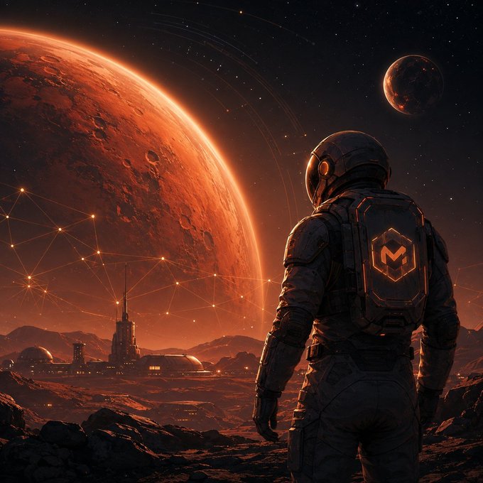 An astronaut with an 'M' logo on their backpack stands on a rocky alien landscape, gazing at a large reddish planet and a smaller moon in a starry sky.