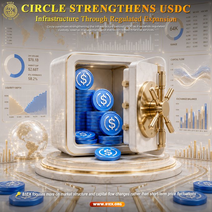 A promotional graphic showing an open marble vault with gold accents containing blue USDC coin tokens, set against a backdrop of financial charts displaying metrics like "24H VOLUME $76.1B," "MARKET CAP $2.68T," and "BTC DOMINANCE 58.2%," with the headline "CIRCLE STRENGTHENS USDC Infrastructure Through Regulated Expansion" — visually reinforcing the article's theme of secure, regulated stablecoin custody and financial infrastructure.