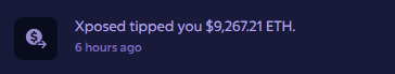 The image shows a promotional graphic with text that appears to read "Xposed Tipped you $9,262 ETH" and "6 hours ago" on a dark purple background, relating to the post about @Xposed giving away $10,000 by having followers reply with their ETH address.