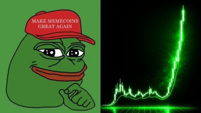 A split image showing the Pepe the Frog meme wearing a red 'MAKE MEMECOINS GREAT AGAIN' hat next to a green cryptocurrency price chart showing a sharp upward spike.