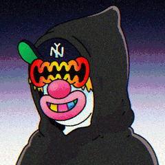 A cartoon clown character wearing a dark hoodie and a New York Yankees cap, with a colorful red nose and rainbow-colored teeth.